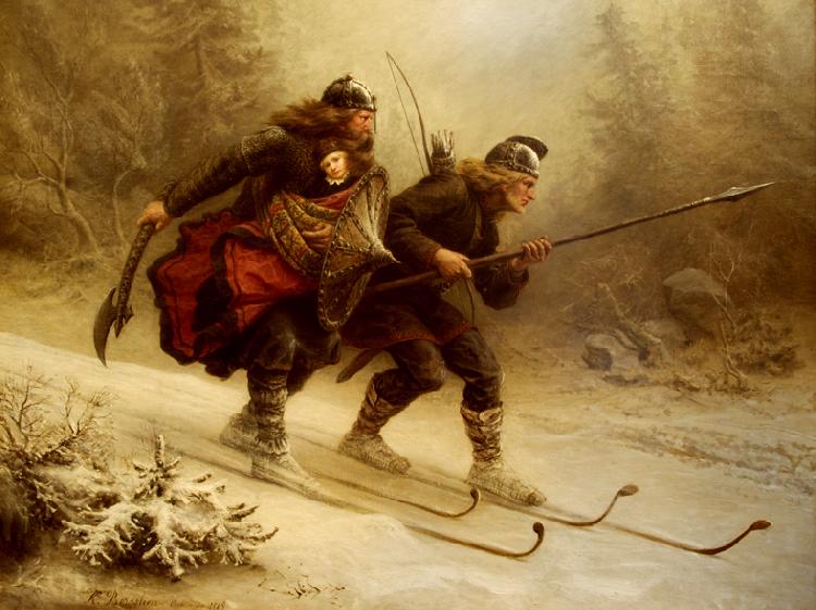 Knud Bergslien Birkebeinerne pa Ski over Fjeldet med Kongsbarnet Sweden oil painting art